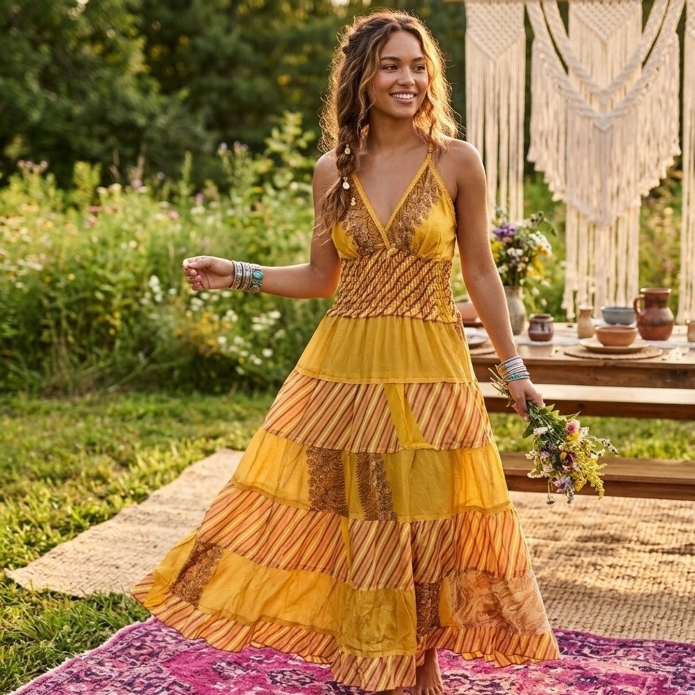 GRINGO 100% Silk Patchwork Maxi Dress M/L Boho Tiered Mixed Print Saffron Yello